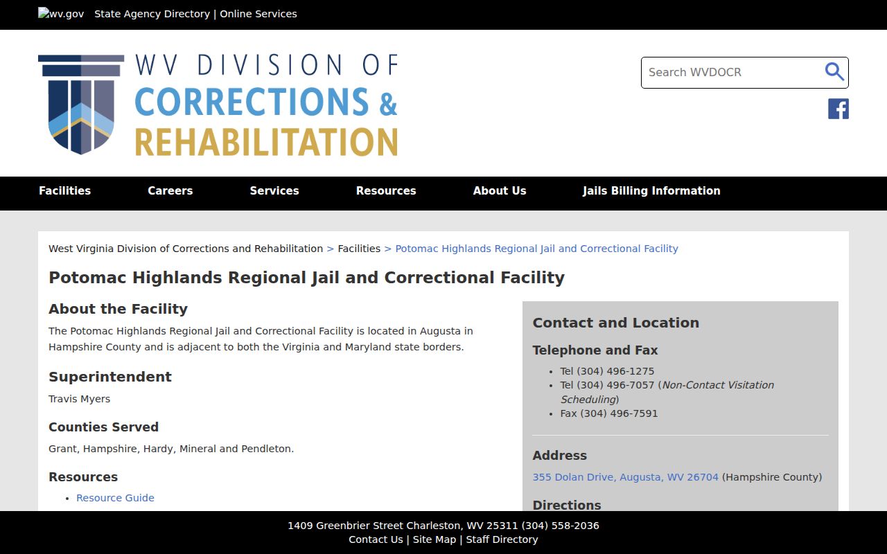 Hampshire County arrest custody information for Potomac Highlands Regional Jail