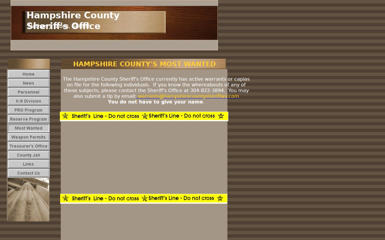 Hampshire County arrest history selected Sheriff warrant page
