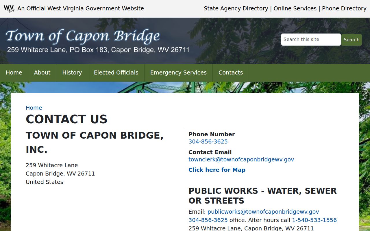 Capon Bridge criminal history Town Hall contact and records routing page