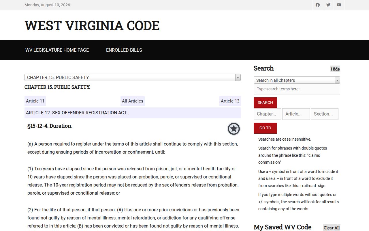 West Virginia registration duration law for Hampshire County sex offender records